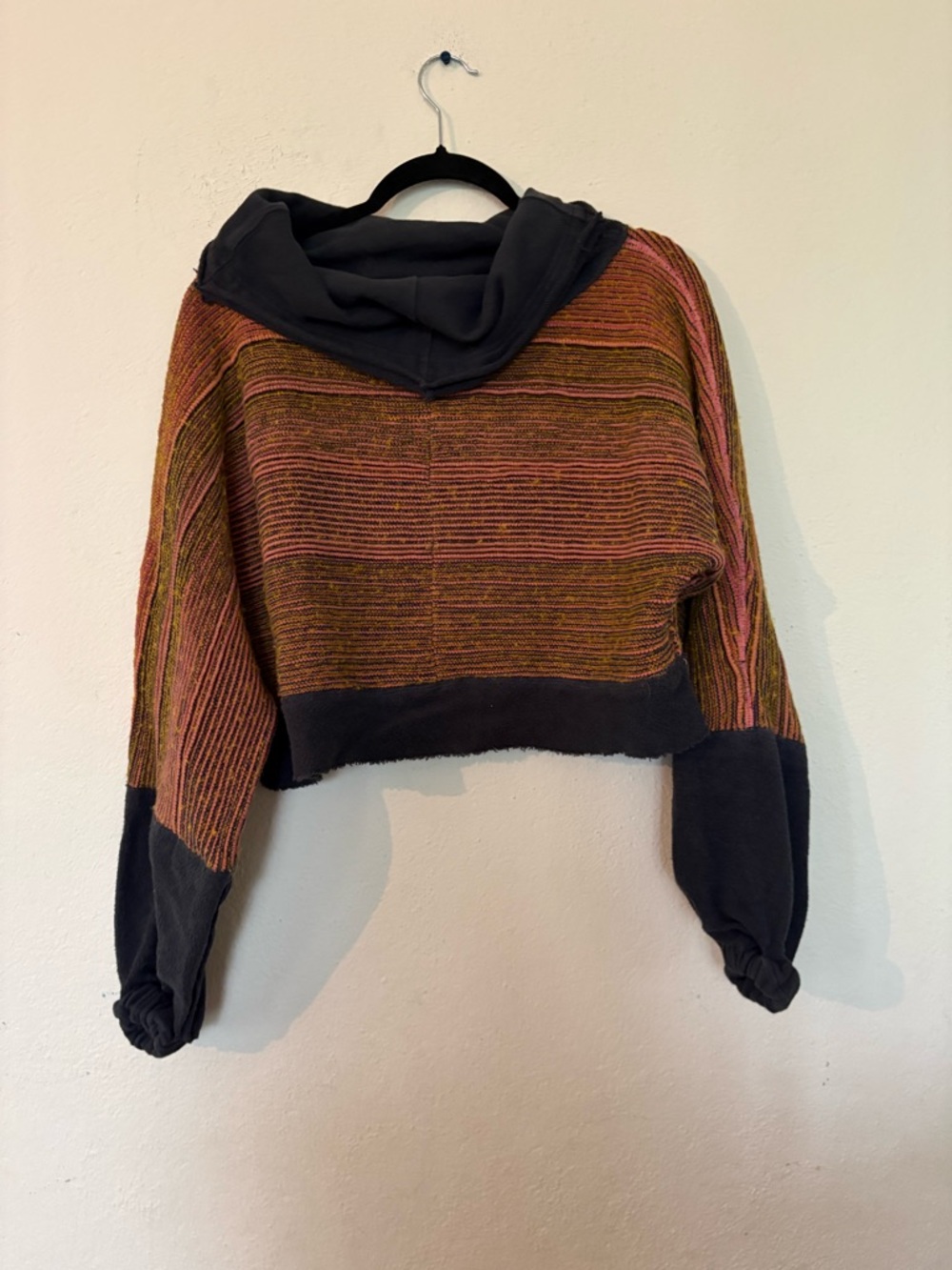 Free People Multistripe Cropped Hooded Sweater in Rust, Pink & Black